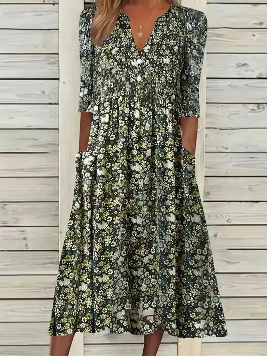 Blossom Ditsy robe à imprimé floral, encolure en V et poches