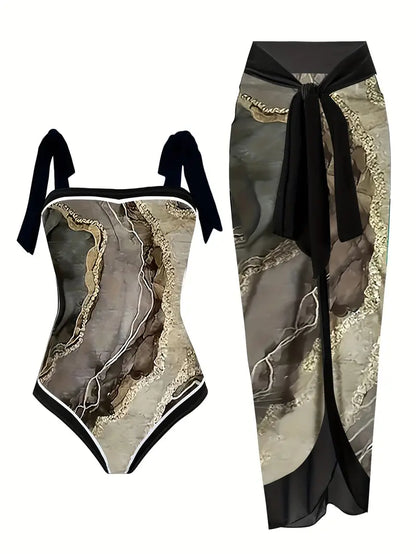 Maillot de bain élégant et jupe avec imprimé marbre en une seule pièce