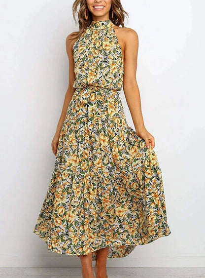 Robe longue imprimée avec nœud à la taille