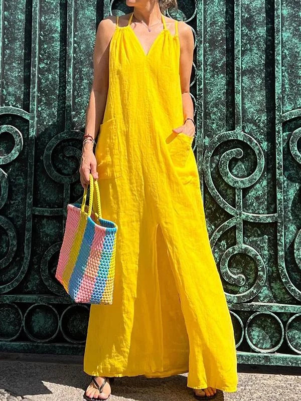 Robe longue pour femme avec poche et encolure en V