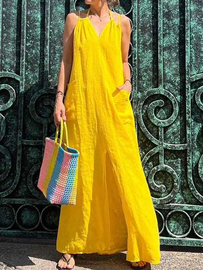 Robe longue pour femme avec poche et encolure en V