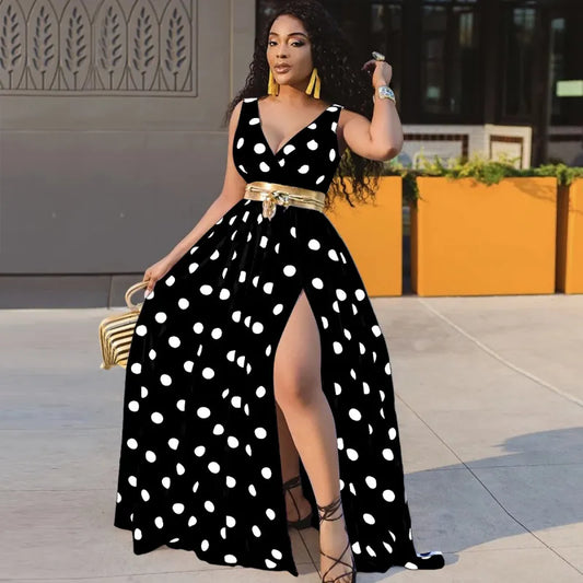 Robe à décolleté plongeant et dos nu avec pois dorés