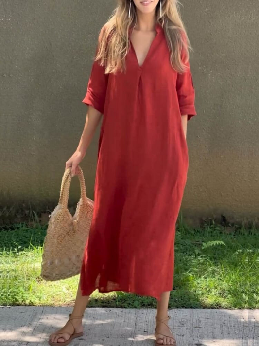 Robe longue élégante avec encolure en V et silhouette ample