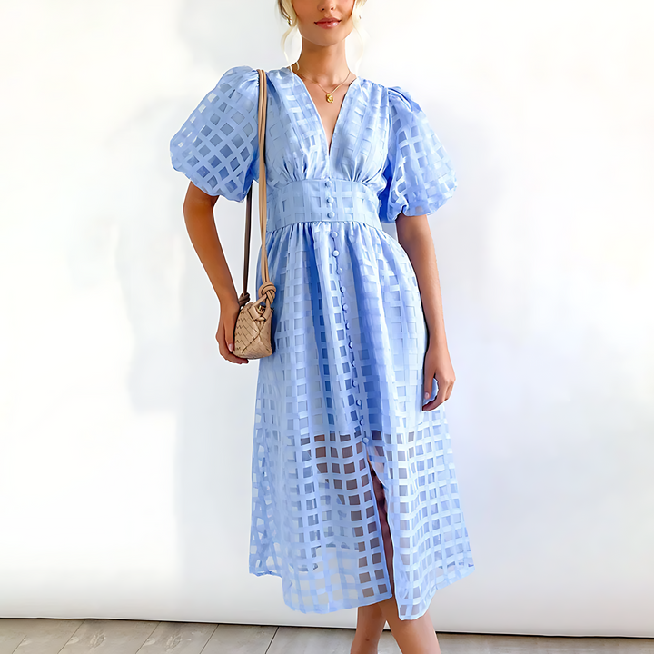 Robe midi élégante pour l'été avec manches courtes bouffantes