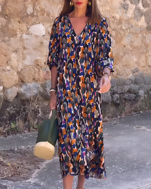 Robe à encolure en V et imprimé rétro