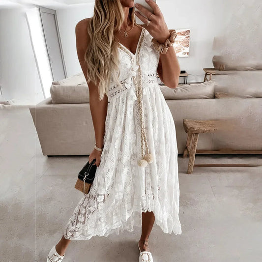 Robe bohème en dentelle à franges