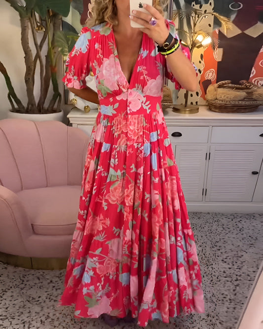 Robe à poche au niveau de l'encolure en V avec imprimé floral