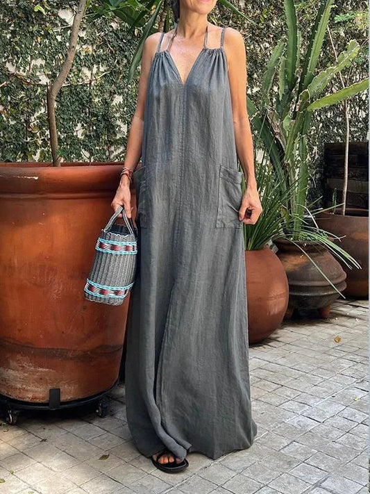 Robe longue pour femme avec poche et encolure en V