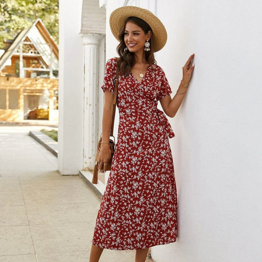 Robe midi d'été à manches courtes et imprimé floral élégant