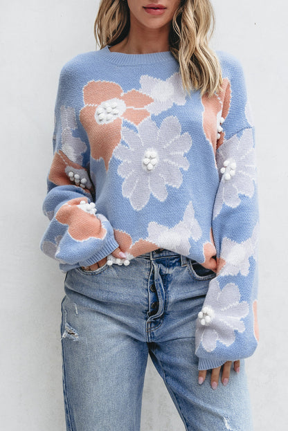 Blanche - Pull Tricoté à Col Rond Floral Bleu avec Épaules Tombantes