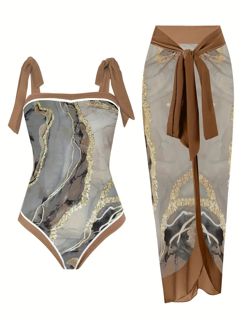 Maillot de bain élégant et jupe avec imprimé marbre en une seule pièce
