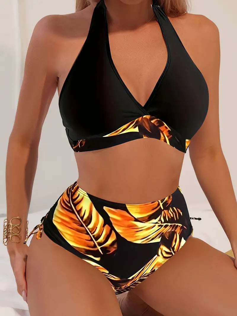 Bikini élégant à dos nu avec imprimé de feuilles tropicales