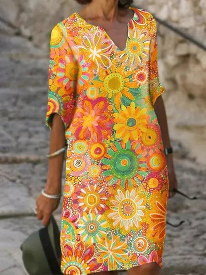 Robe midi à fleurs avec encolure en V et élégance intemporelle