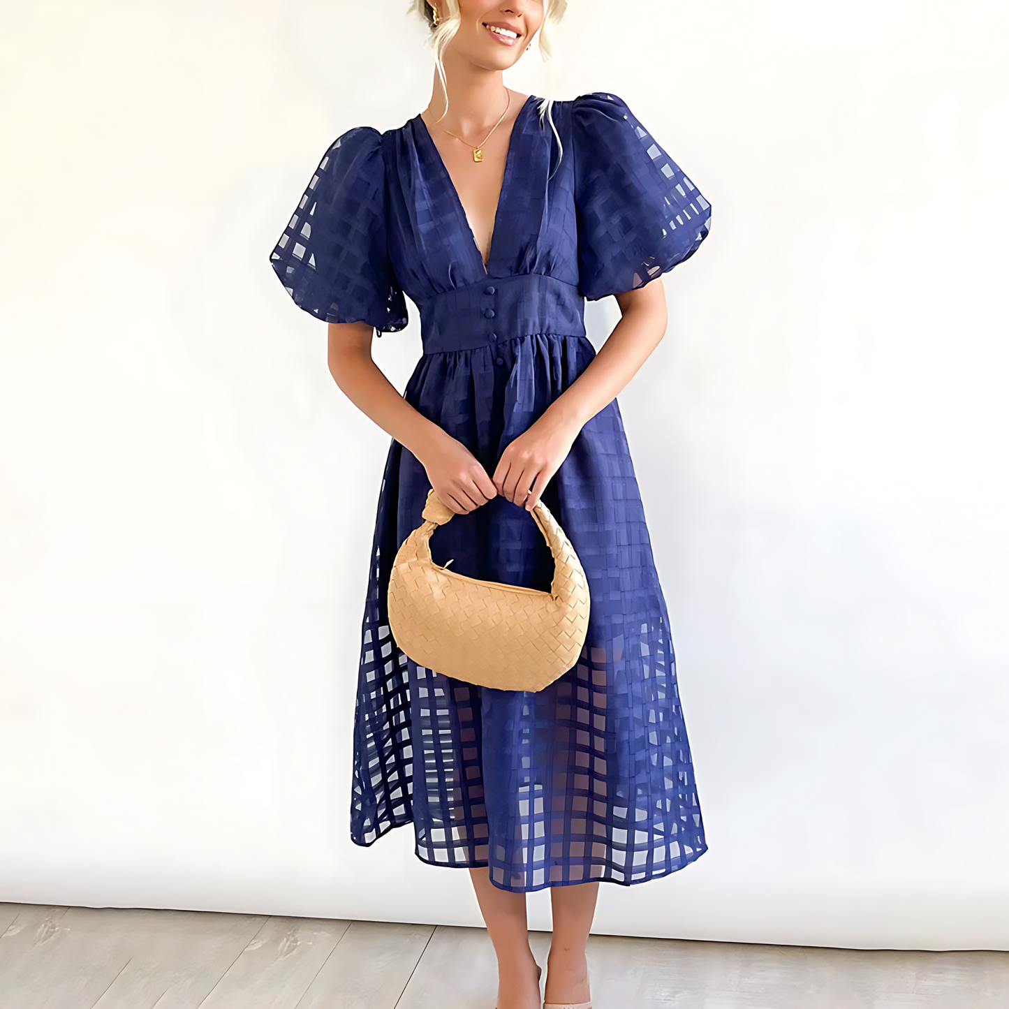 Robe midi élégante pour l'été avec manches courtes bouffantes