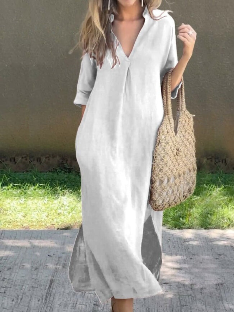 Robe longue élégante avec encolure en V et silhouette ample