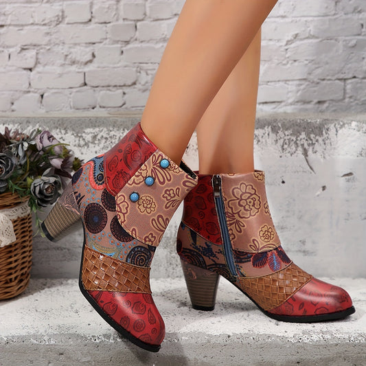 Emma | Bottines à la mode avec talon épais et motif floral