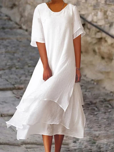 Roselle - Robe à col rond et manches courtes en coton et lin double épaisseur