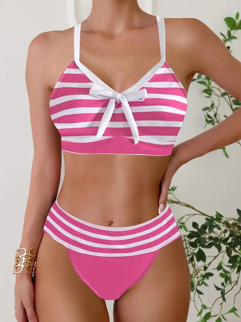 Bikini sexy à col en V avec nœud imprimé rayé