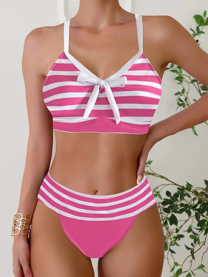 Bikini sexy à col en V avec nœud imprimé rayé