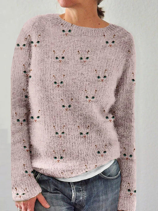 Charlotte - pull douillet à col rond avec un joli imprimé visage de chat