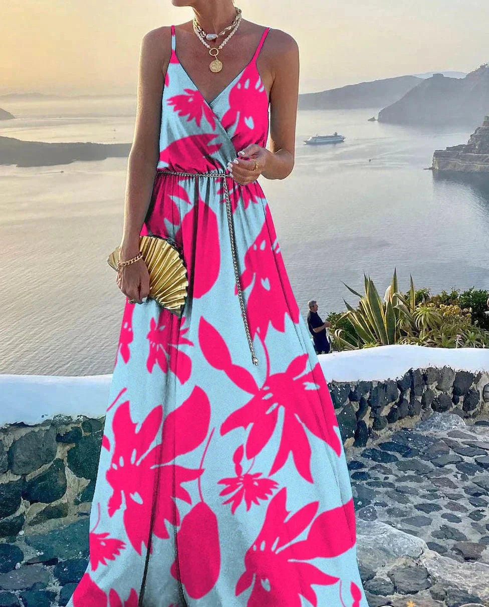 Robe longue colorée avec encolure boutonnée