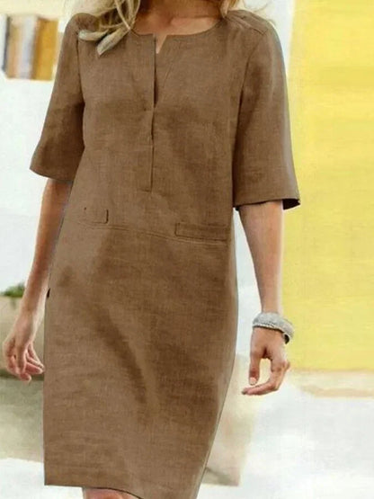 Ronsey - Robe à manches courtes en coton et lin pour femme