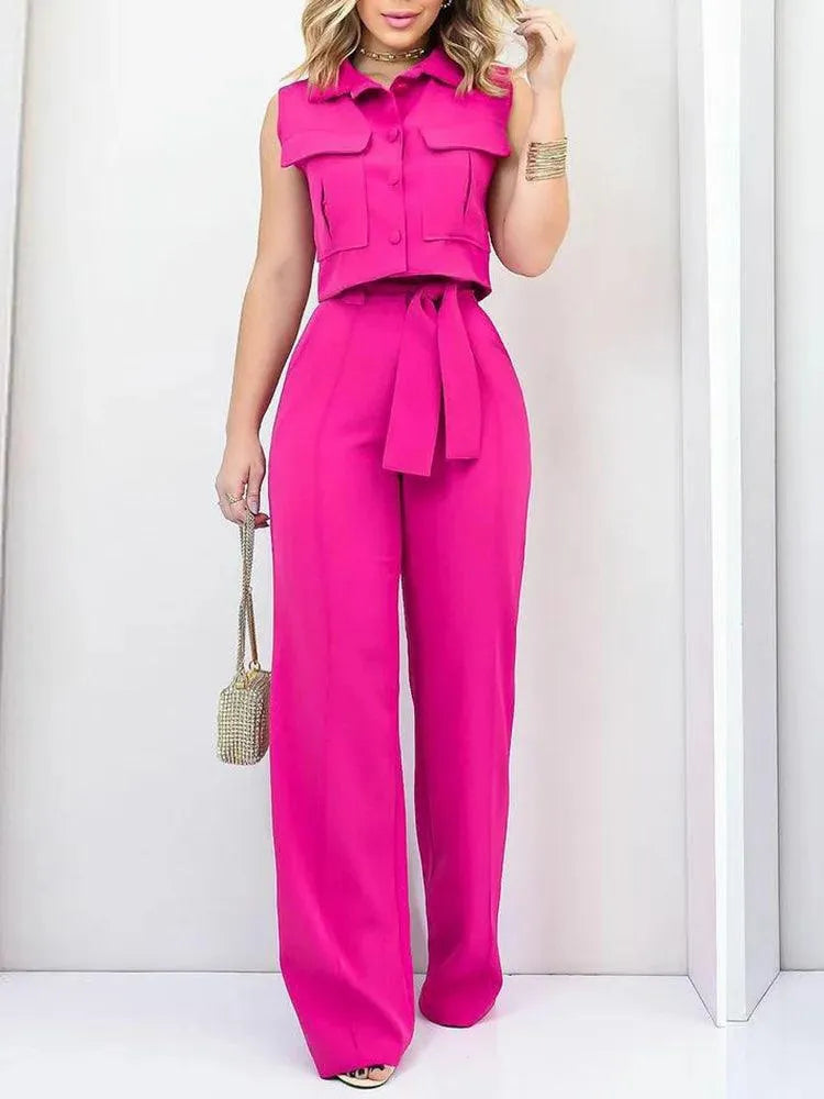 Combinaison - Style élégant - Ceinture avec nœud, jambes larges - Parfaite pour les occasions décontractées et formelles