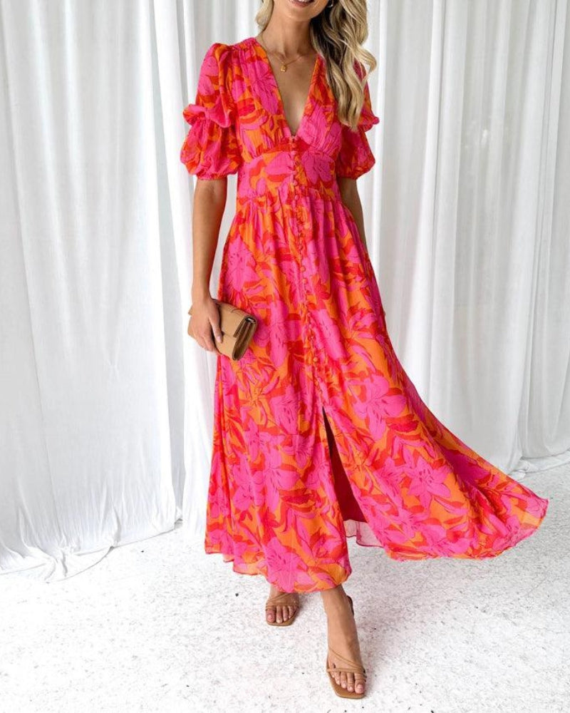 Robe longue style vintage avec boutons et manches bouffantes courtes