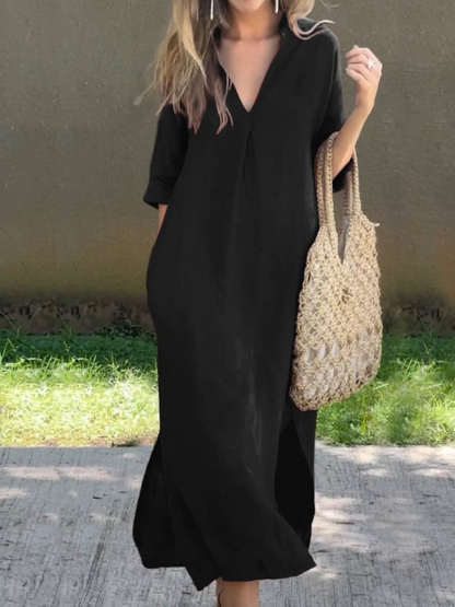 Robe longue élégante avec encolure en V et silhouette ample
