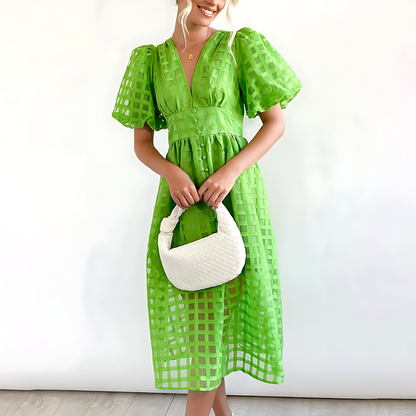 Robe midi élégante pour l'été avec manches courtes bouffantes