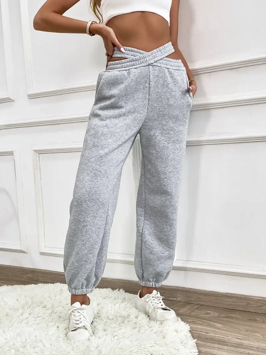 Lena - Gris Pantalon de jogging élégant en maille unie pour femme