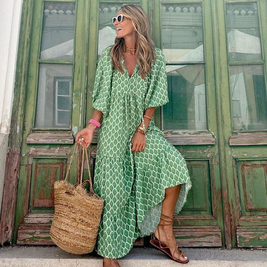 Robe longue bohème à imprimé vintage, encolure en V et manches courtes amples