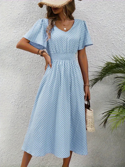 Robe imprimée sur toute la surface et taille arrondie, robe décontractée à manches courtes