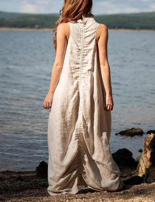 Stacey - Robe longue en lin à volants, col montant et dos