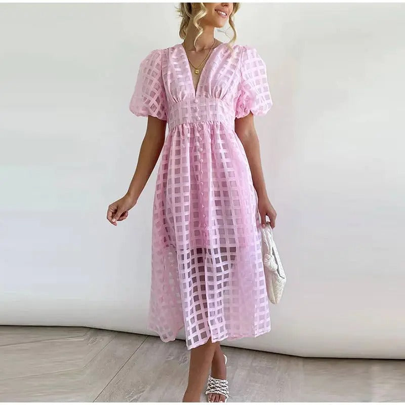 Robe midi élégante pour l'été avec manches courtes bouffantes