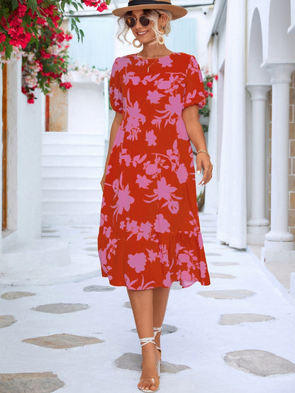 Robe midi à fleurs avec manches bouffantes et volants à l'ourlet