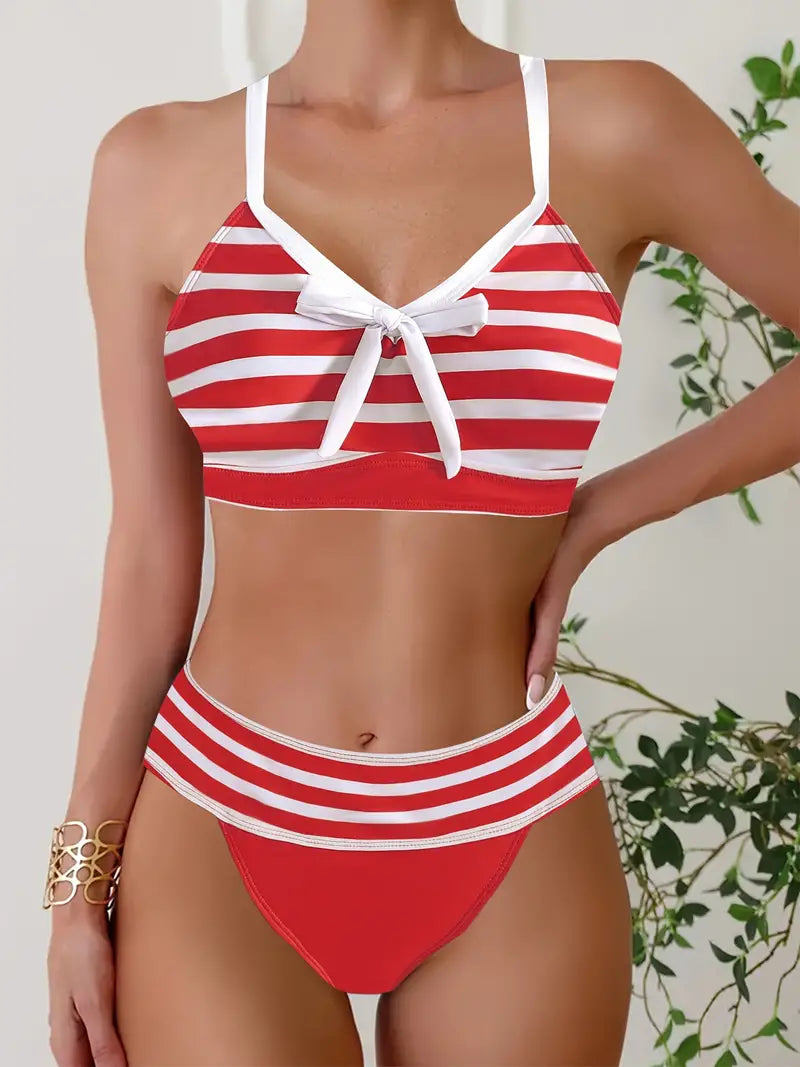 Bikini sexy à col en V avec nœud imprimé rayé