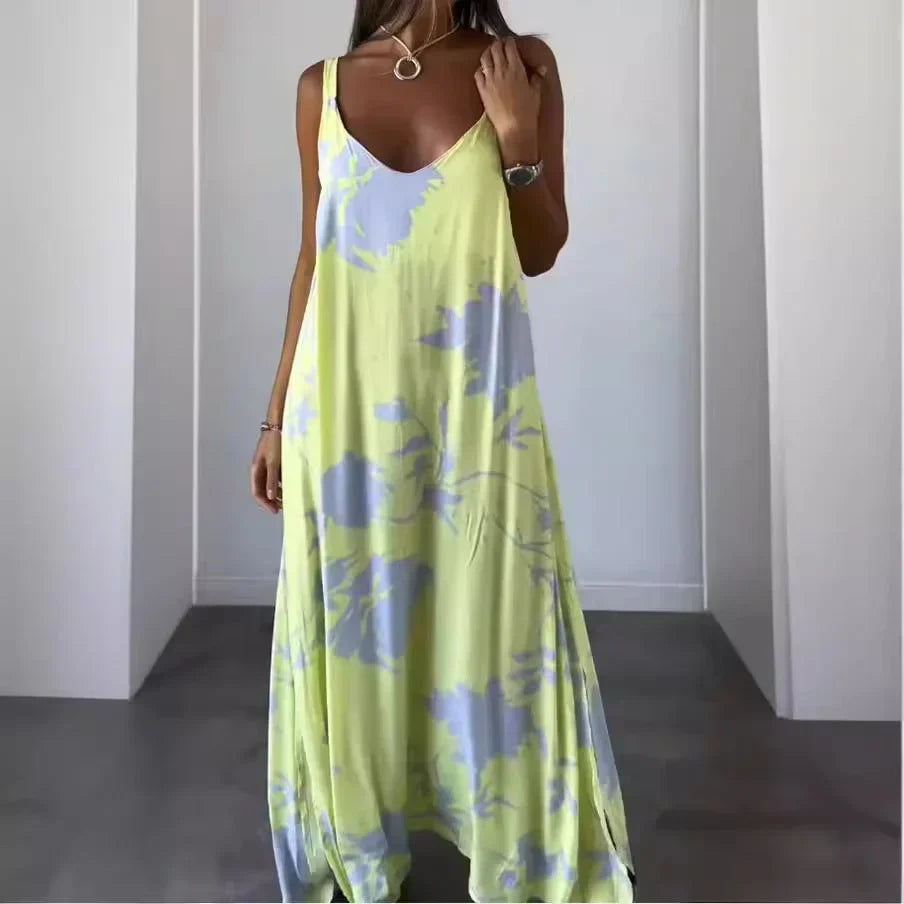 Robe longue sans manches à imprimé floral, idéale pour les journées ensoleillées
