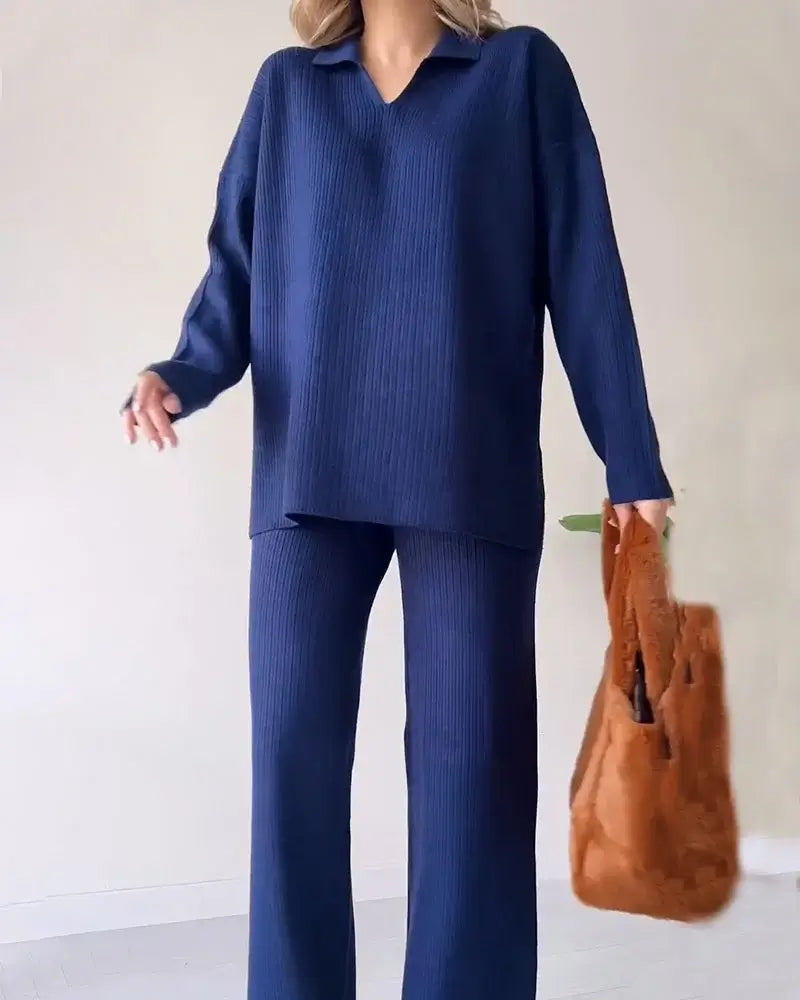 Lea - Ensemble Deux Pièces Tricoté avec Col V pour Femmes