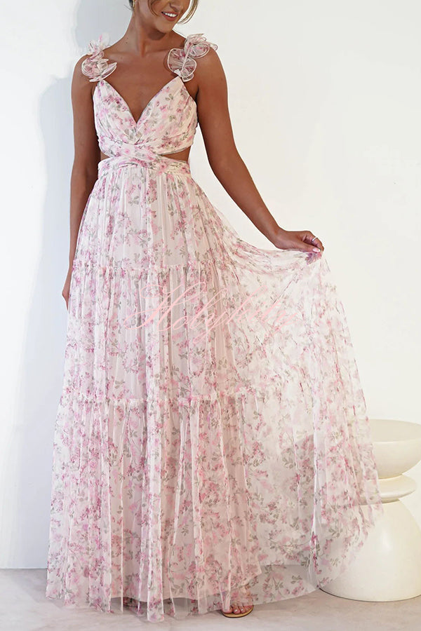 Fée des Jardins robe longue en tulle avec volants fleuris et découpes à la taille à nouer sur le twin-set