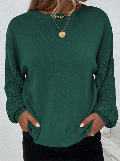 Pull à Col Rond en Tricot Torsadé à Manches Longues en Couleur Unie pour Femme