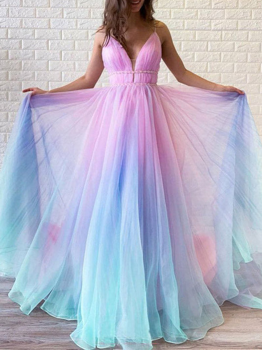 Robe de soirée longue élégante pour femme à fines bretelles et dégradé de couleurs