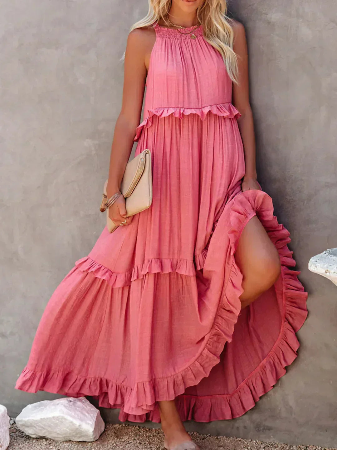 Robe maxi sans bretelles avec volants