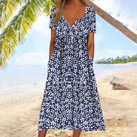 Robe midi décontractée à imprimé floral et manches courtes, idéale pour un usage quotidien.