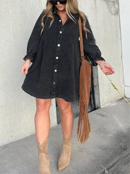 Robe en jean délavé à manches bouffantes