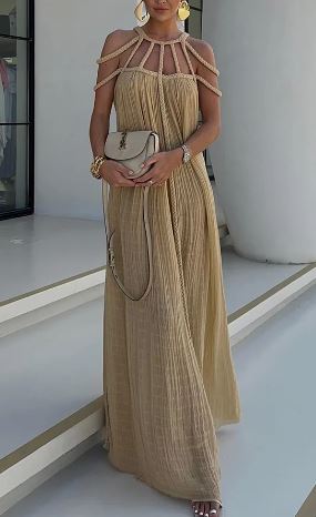Mila - Robe longue drapée moderne et sophistiquée en lin mélangé avec tresses