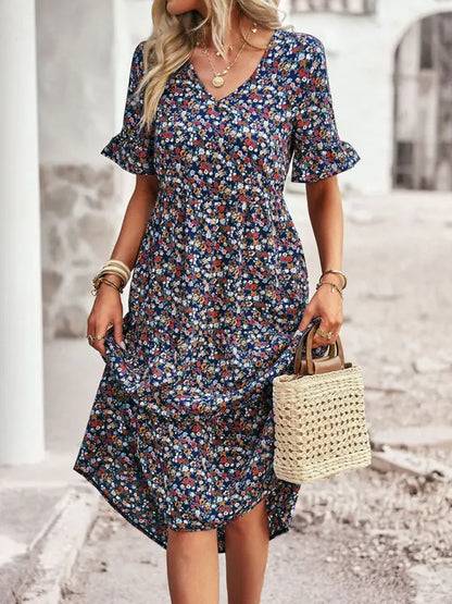 Aica - Élégante mini robe de vacances à manches courtes et col en V