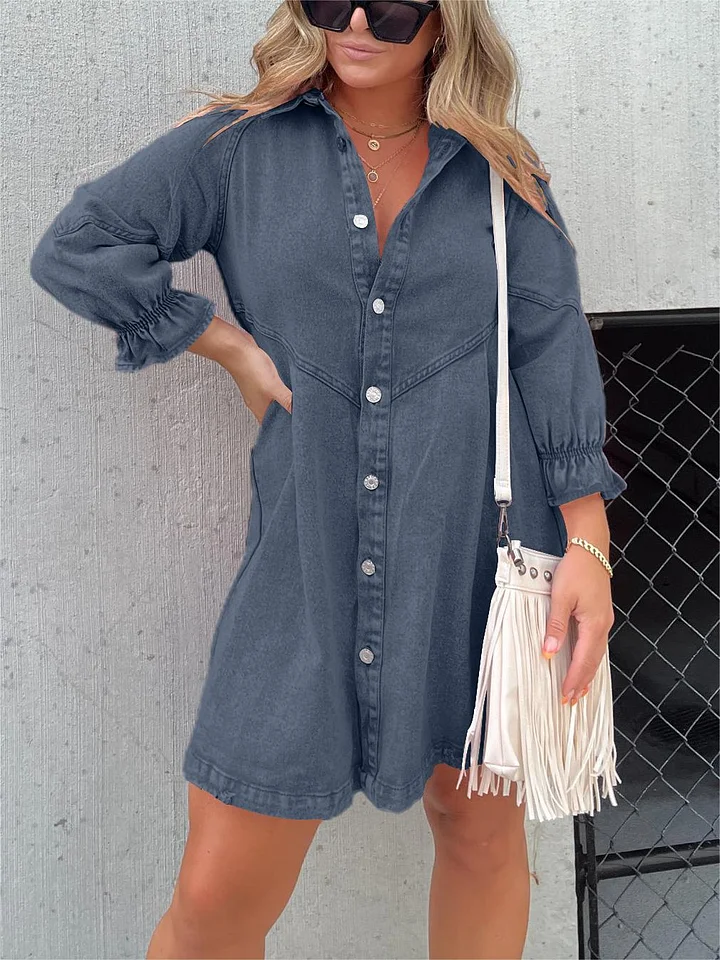 Aileen - Robe en denim délavé à manches bouffantes