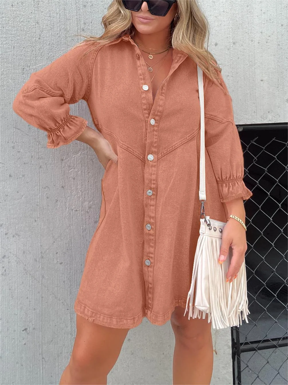 Aileen - Robe en denim délavé à manches bouffantes