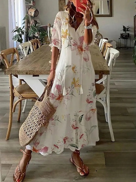 Aimee - Robes pour femmes Robe midi à imprimé barbe et décolleté en V